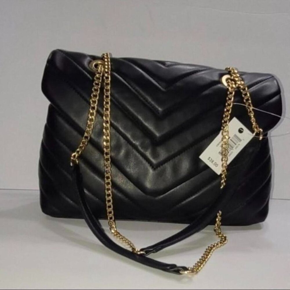 Black Chevron Quilting Shoulder Crossbody Bag Gold Chains